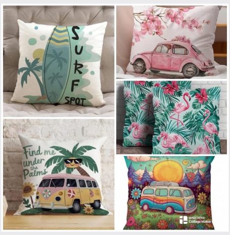 A collection of decorative cushions featuring tropical themes and vintage cars.