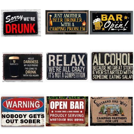 A collage of humorous bar signage with messages about drinking and relaxation.