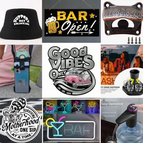 Assorted bar-themed items, including signs, stickers, and a drink.