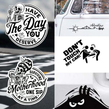 Various graphic designs featuring humorous slogans and skeleton illustrations.