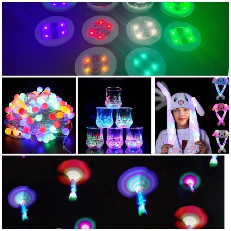 A collage of colourful glowing objects, including lights, jars, and a woman in a light-up hat.