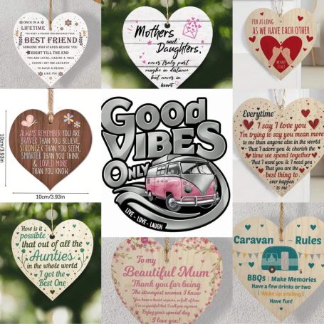 Collage of decorative wooden hearts with positive messages and a vintage van illustration.