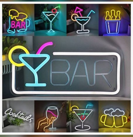 Neon signs featuring cocktails and "BAR" in various styles and colours.