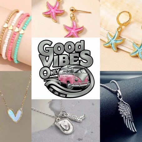 A collage of jewellery and accessories with a retro van and "Good Vibes Only" text.