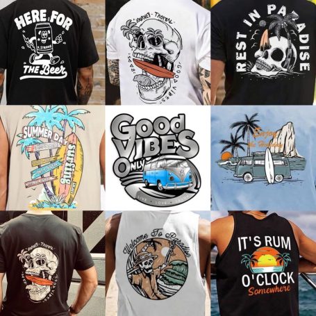 Various t-shirt designs featuring beach themes, skulls, and tropical imagery.